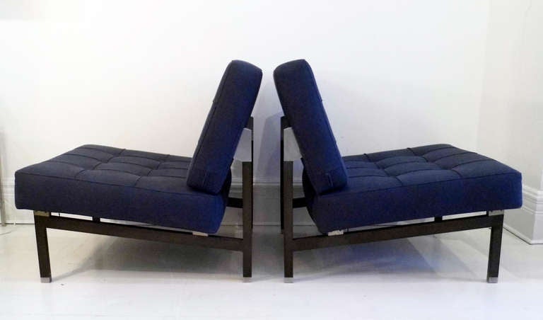 Three lounge chairs designed by Ico Parisi for "Mobili MIM Roma."
Metal structure with aluminum details, dark blue new upholstery.