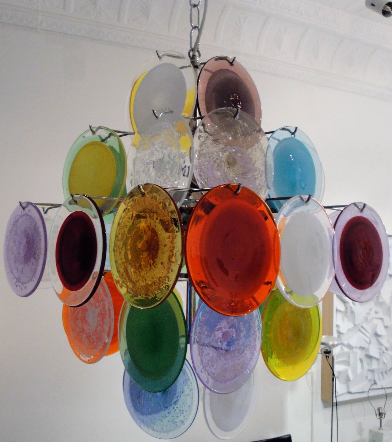 Multi-color and multi technique Italian chandelier by Vistosi. Five-tier of 36 handcrafted round disks. New chromed metal structure, rewired for American market.