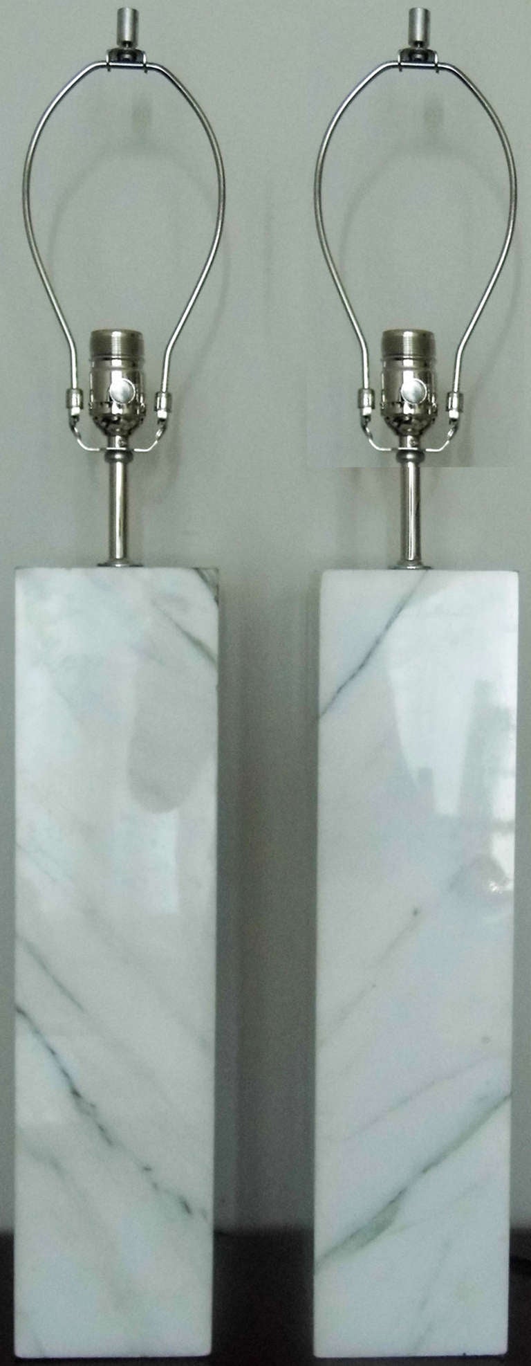 Pair of Italian Carrara marble lamps. Rectangular shape base, shade not included. Lamps are from 60's- 70's