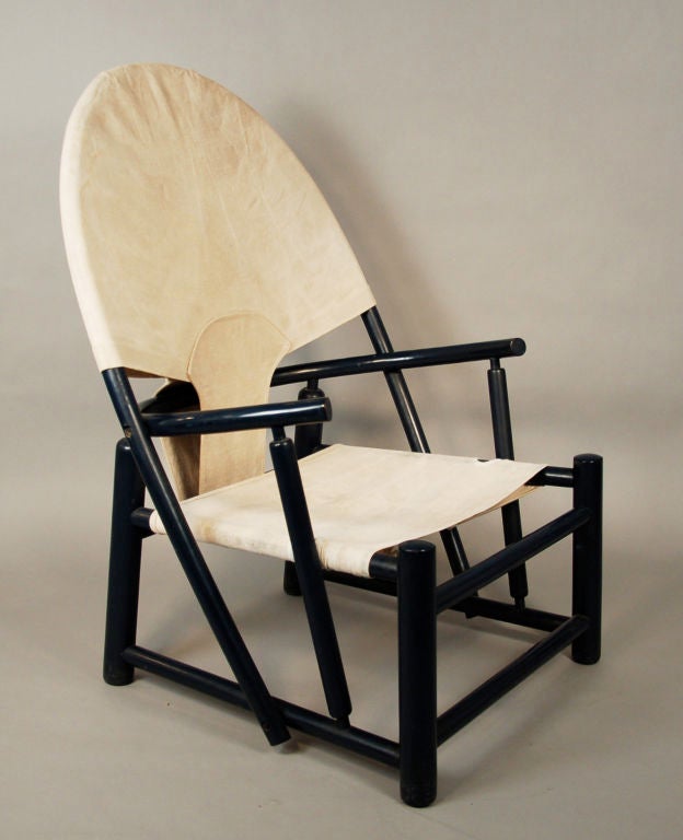 Original Italian lounge chair by Werther Toffoloni and Piero Palange. <br />
Lacquered wood in dark blue and off white canvas upholstery.<br />
Chair mod. G23. Made by Germa.