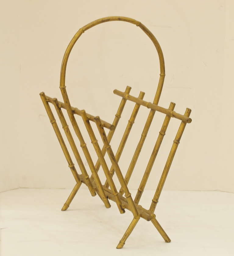 Mid-Century Modern Gilt Finish Faux Bamboo Metal Magazine Holder