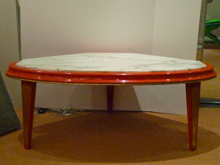 Jansen "Modern" Red Lacquer and Gilt Marbletop Coffee Table