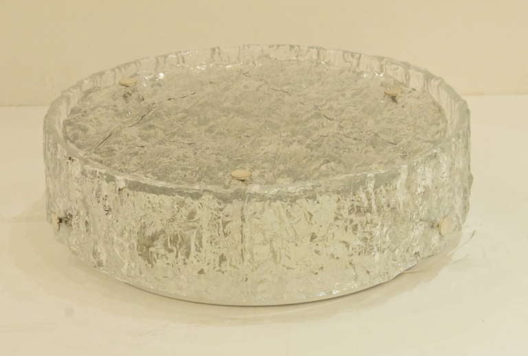 Mid-Century Modern Cylindrical Ice Glass Flushmount by Kaiser
