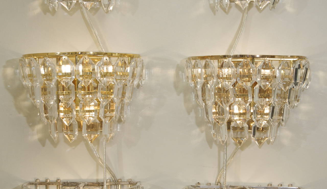 Pair of Multi-Tiered Crystal Gold-Plated Sconces at 1stdibs