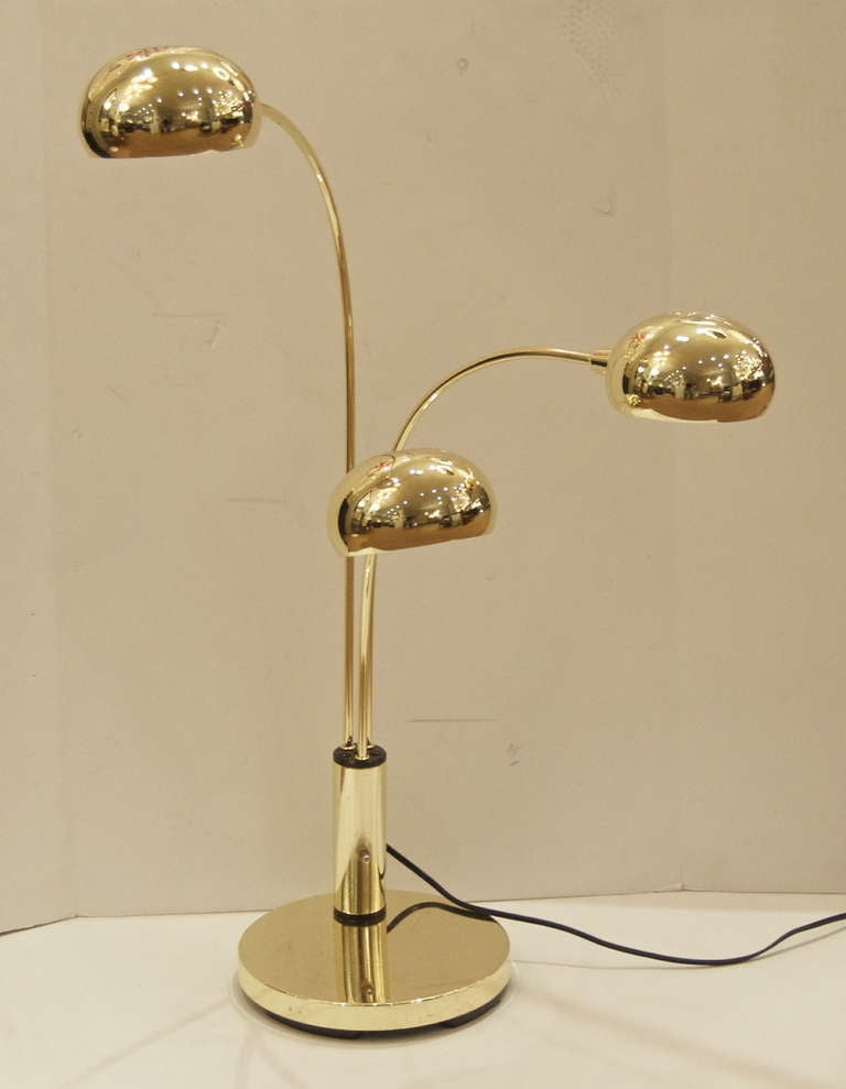 Mid-Century Modern Pair of 3 Arm Arc Table Lamps in Brass