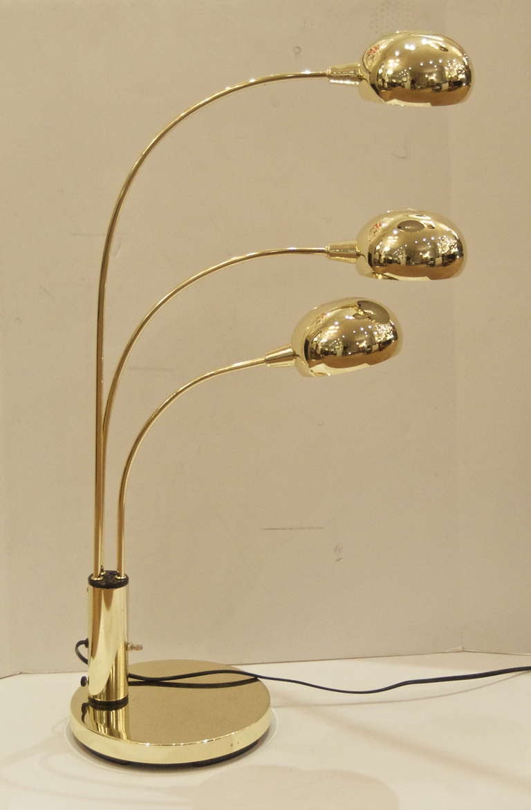 American Pair of 3 Arm Arc Table Lamps in Brass