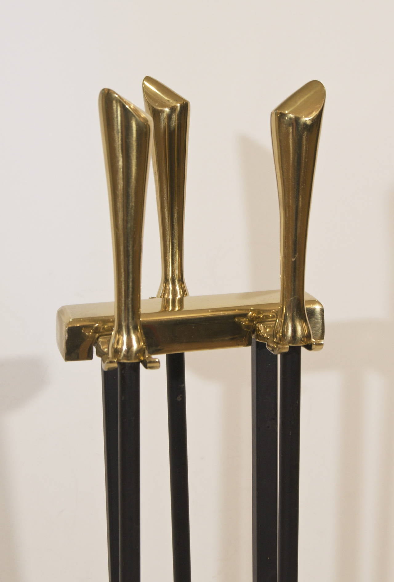 Mid-20th Century Brass and Black Iron Deskey-Style Fireplace Tools