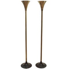 Pair of Brass & Black Enamel Torchiere Floor Lamps