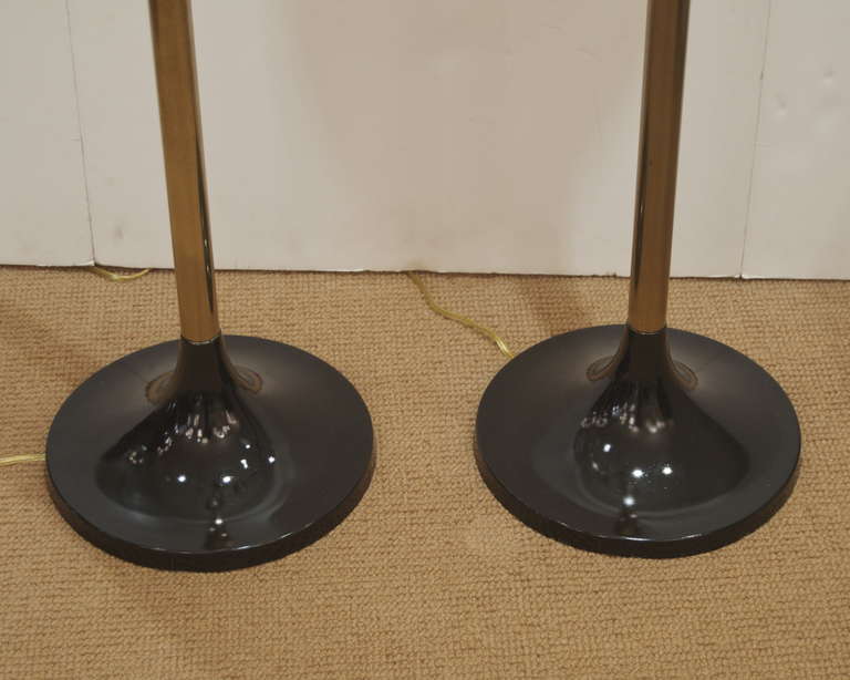 Pair of Brass & Black Enamel Torchiere Floor Lamps In Excellent Condition In Stamford, CT