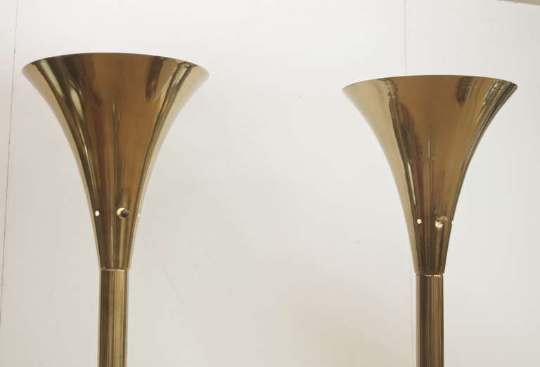 Mid-20th Century Pair of Brass & Black Enamel Torchiere Floor Lamps