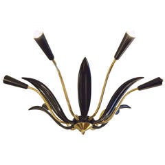 Brass and Black Enamel Leaf Stilnovo Style Chandelier