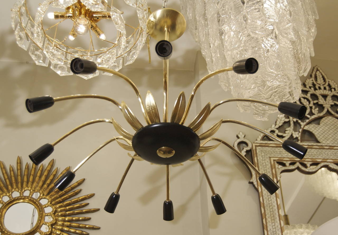 Twelve-Arm Stilnovo Style Chandelier in Black, Gold and Brass