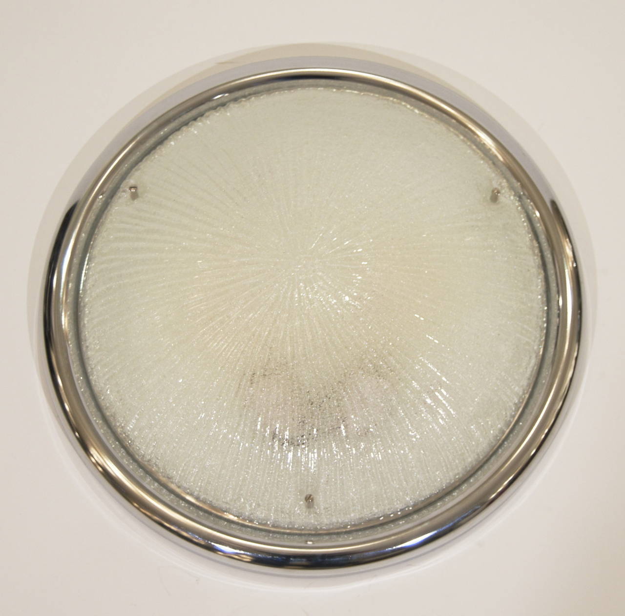 Mid-Century Modern Ribbed Glass Flush Mount with Chrome Surround For Sale