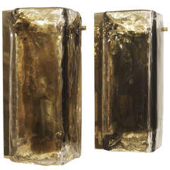 Pair of Kalmar Brass Sconces with Melting Smoked Ice Glass