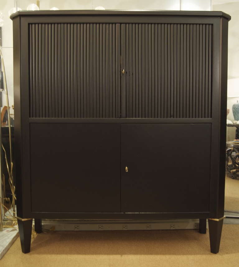 Mid-Century Modern Ebonized Tambour Bar Cabinet in the Style of Maison Ramsay For Sale