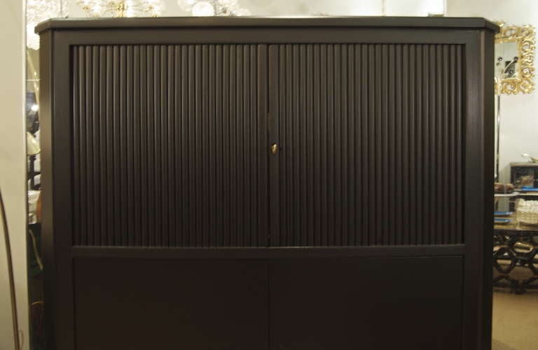 French Ebonized Tambour Bar Cabinet in the Style of Maison Ramsay For Sale