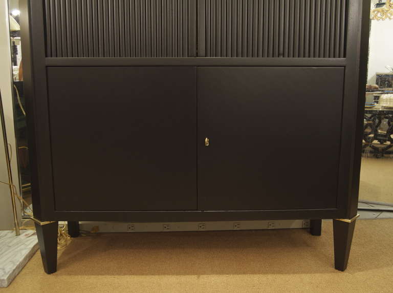 Ebonized Tambour Bar Cabinet in the Style of Maison Ramsay In Excellent Condition For Sale In Stamford, CT