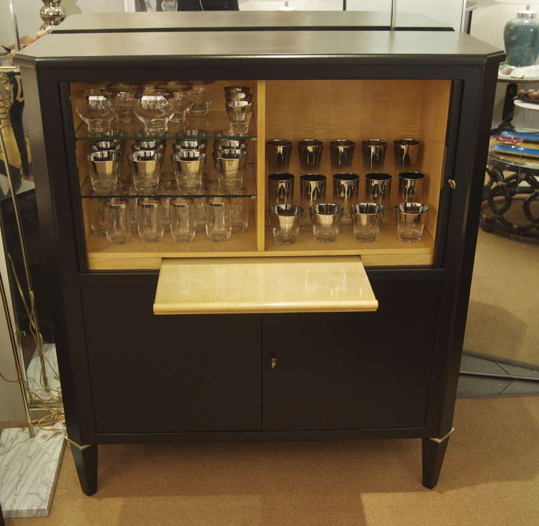 Mid-20th Century Ebonized Tambour Bar Cabinet in the Style of Maison Ramsay For Sale
