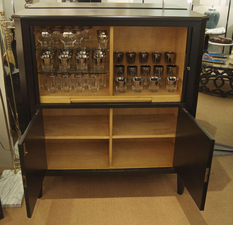 Brass Ebonized Tambour Bar Cabinet in the Style of Maison Ramsay For Sale