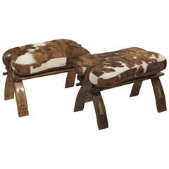 Camel Saddle Stool with Hide and Leather Seat - Pair Available