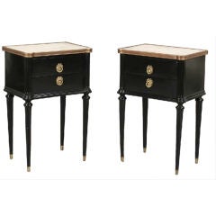 Pair of Black Lacquer Jansen  Marble Top Night Stands