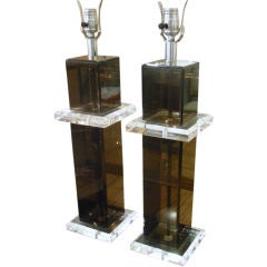Pair of Smoked and Clear Lucite Table Lamps