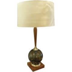 Single Mid-Century Smoked Glass and Teak Lamp