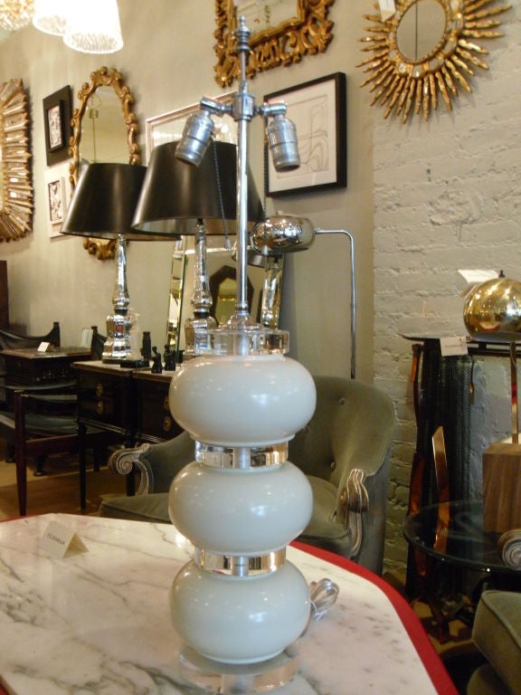 Pair of Lucite and Cream Lacquer Stacked Spherical Table Lamps