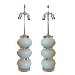 Pair of Lucite and Cream Lacquer Stacked Spherical Table Lamps
