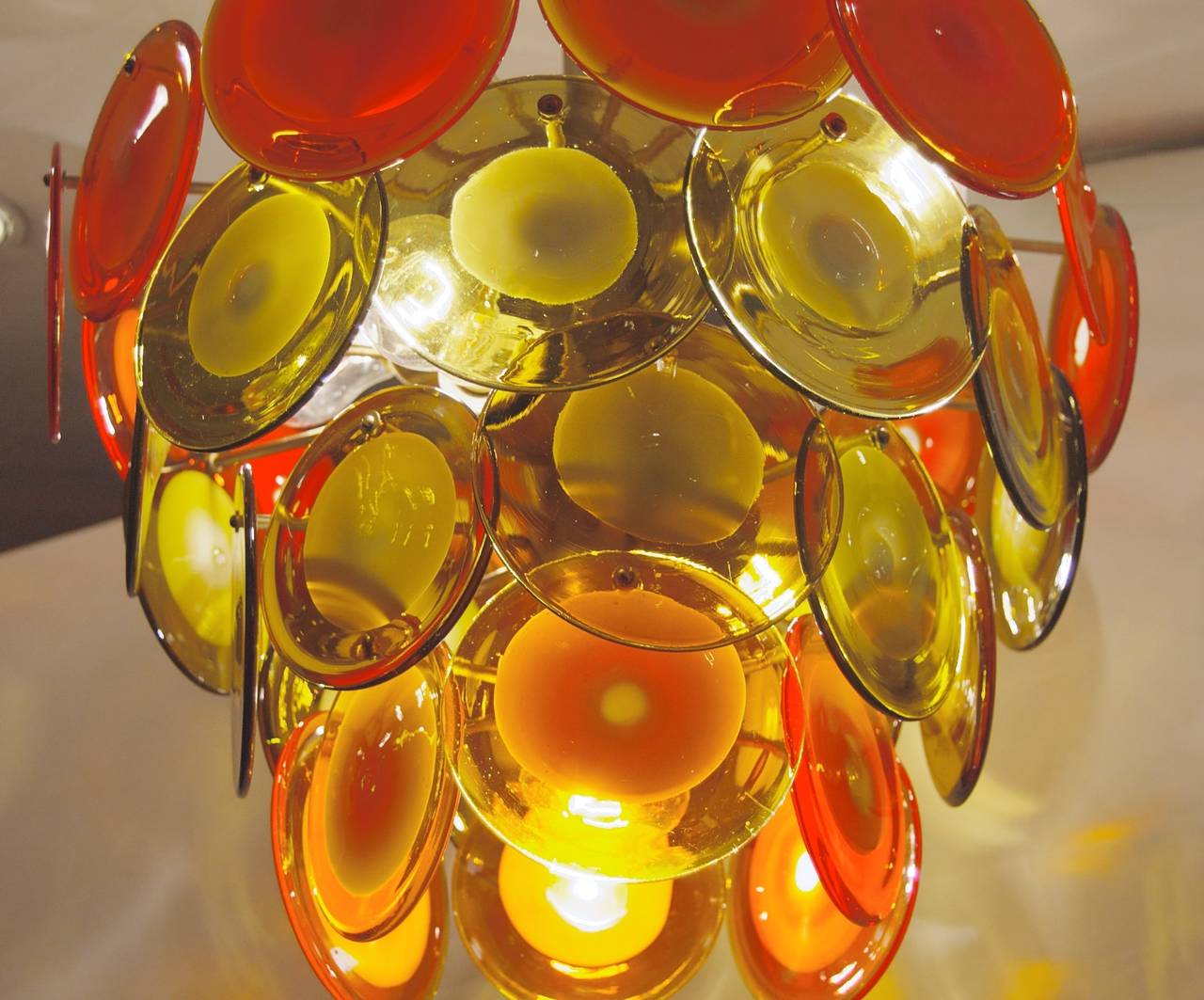 Italian Vistosi Four-Tiered Amber and Orange Disc Chandelier
