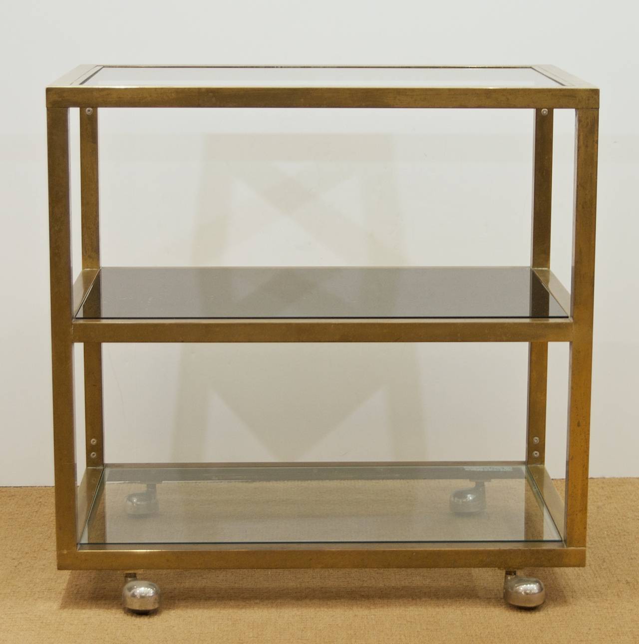 Modernist Brass and Three-Tier Smoked Glass Bar Cart