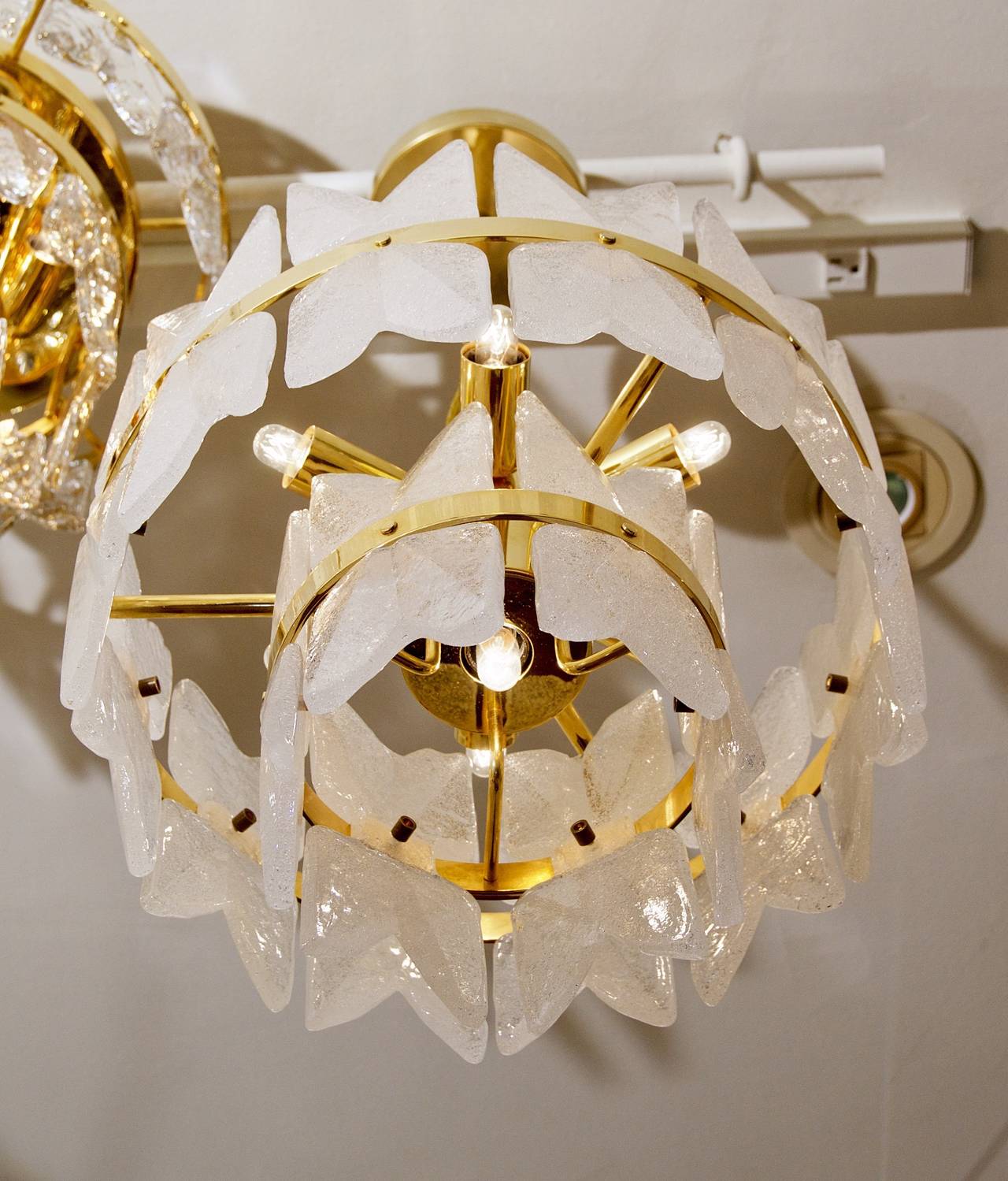 Unusual Gold-Plate Kalmar Frosted Glass Chandelier In Excellent Condition In Stamford, CT