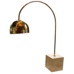 Polished Brass Arc Table Lamp with Travertine Base
