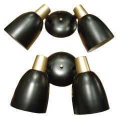 Pair of Double Shade Brass and Black Mid Century Sconces