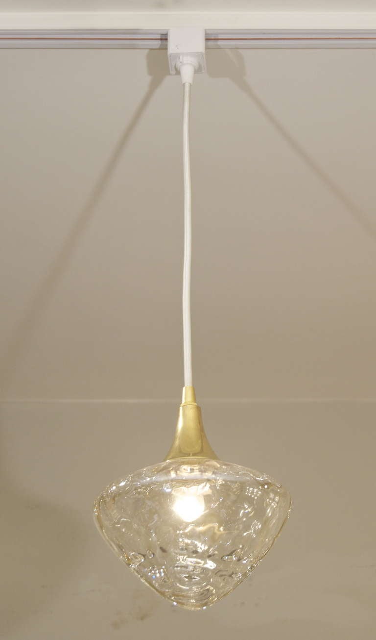 Mid-Century Modern Amber Glass & Brass Pendant Light (3 Available) For Sale