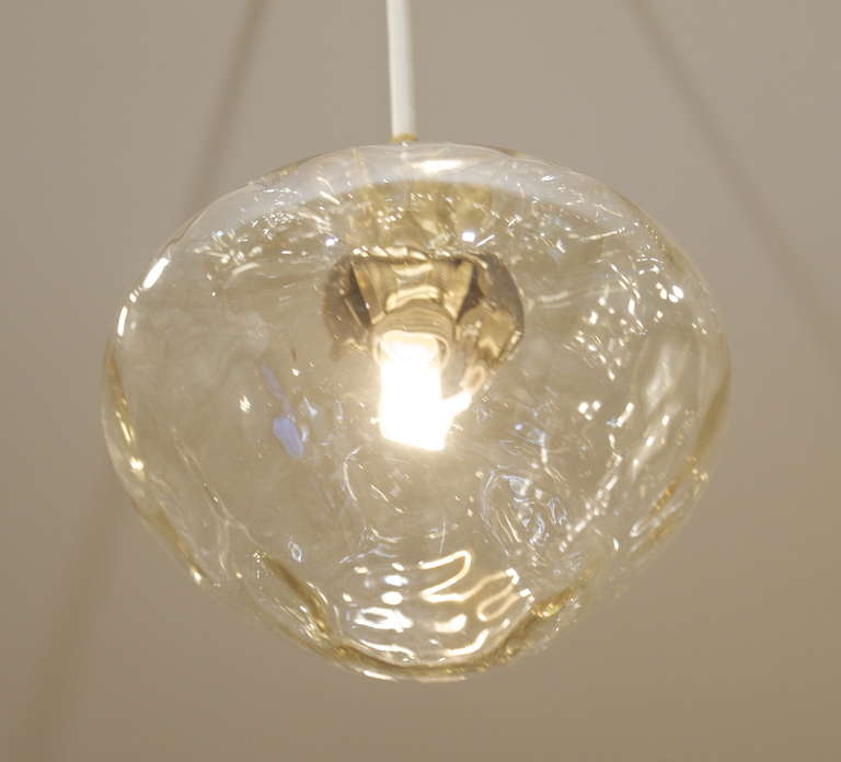 Amber Glass & Brass Pendant Light (3 Available) In Excellent Condition For Sale In Stamford, CT