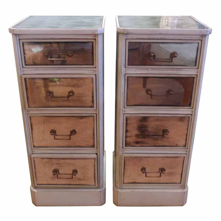 Pair of Antiqued Mirror Side Tables with Drawers at 1stDibs