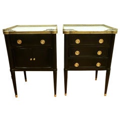 Pair Jansen Black Lacquer and Brass Marbletop Side Tables