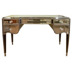 Antiqued Mirror and Black Glass Vanity / Desk with Silver Detail