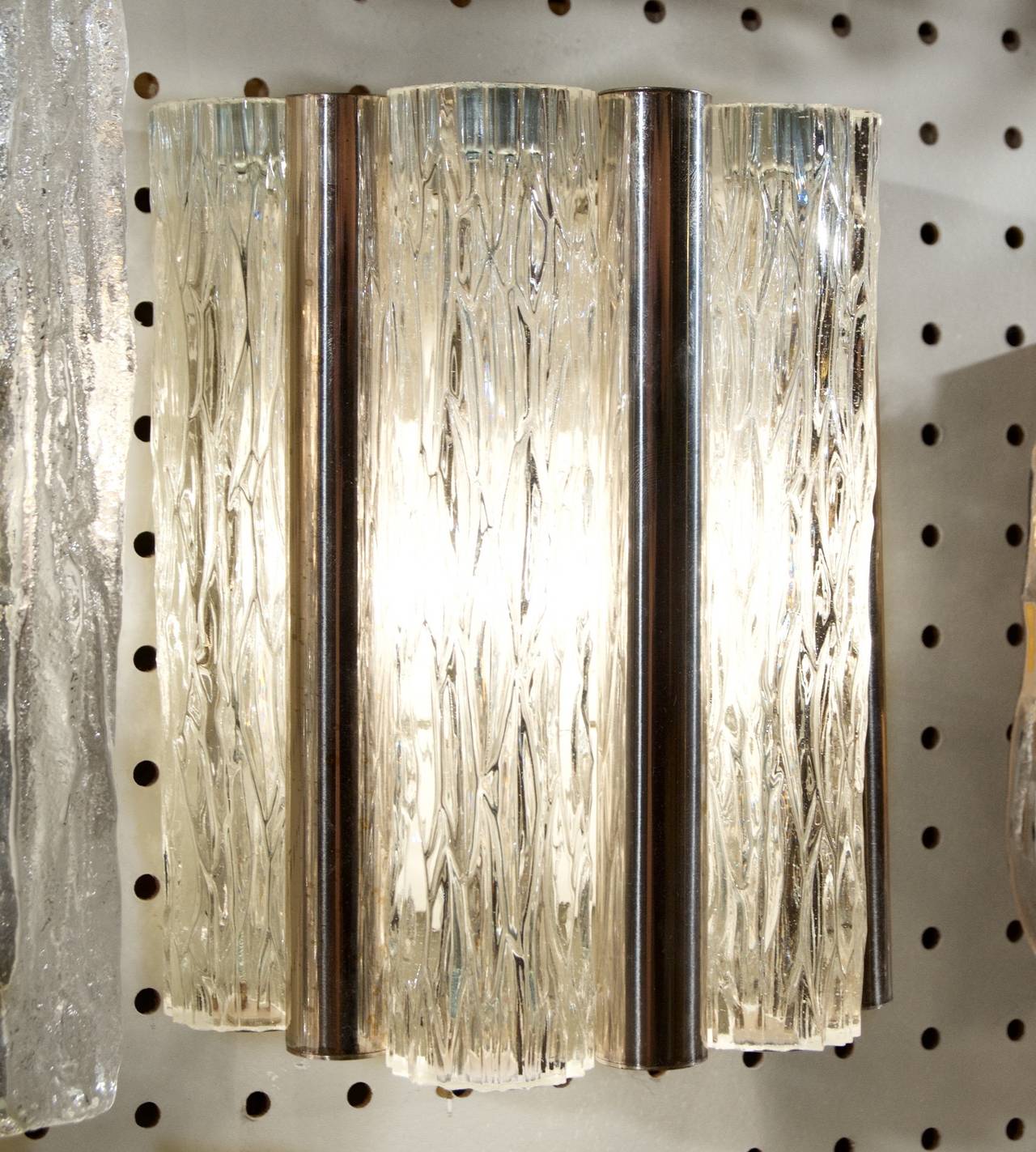 Mid-Century Modern Pair of Kaiser Ice Glass and Silver Plate Tube Sconces