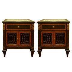 Pair of Marble Top Ebonized Nightstands or Side Cabinets