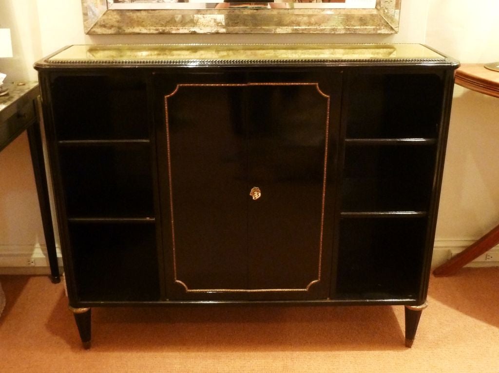 Jansen Ebonized and Brass Bookcase Console with Eglomise Top