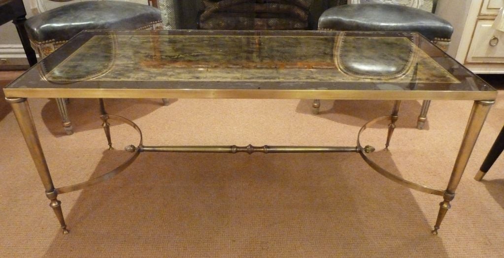 Jansen Style Eglomise Inset Glass Bronze and Brass Coffee Table