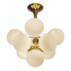 Pyramid Atomic Chandelier in Brass with Opal Glass Globes