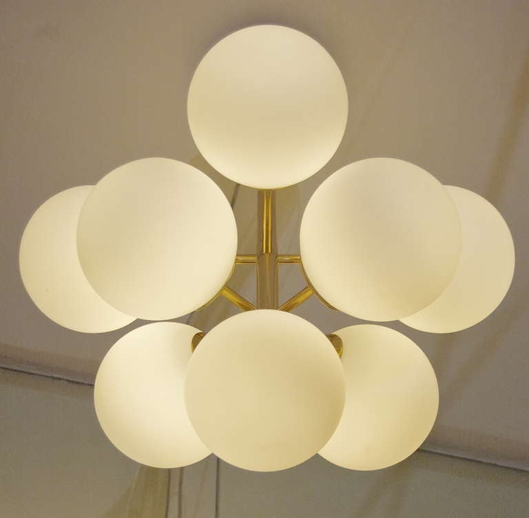 Pyramid Atomic Chandelier in Brass with Opal Glass Globes