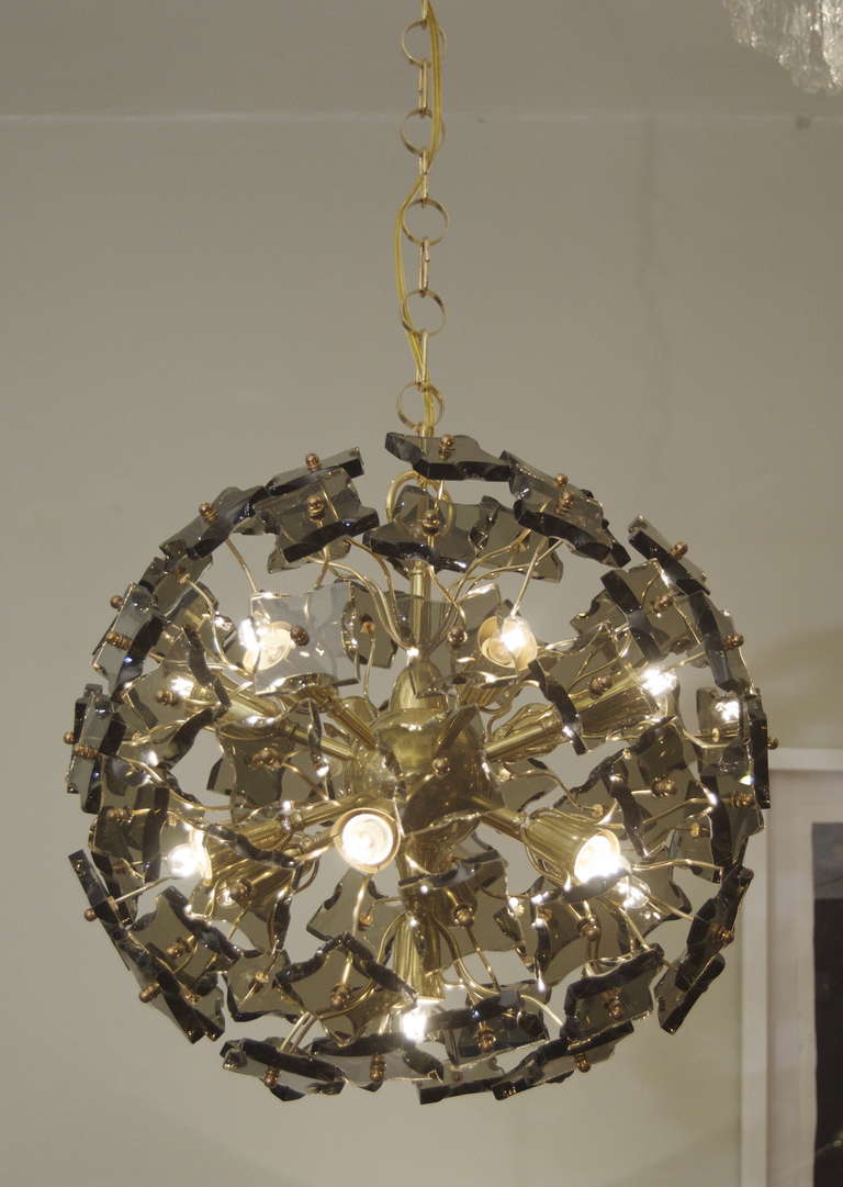 Mid-Century Modern Early Italian Smoked Glass Sputnik in Brass