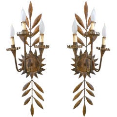 Pair of Sunflower and Leaf Gilt Metal Three Candle Sconces