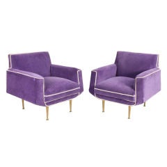 Pair of Mid Century Upholstered Armchairs with Brass Legs