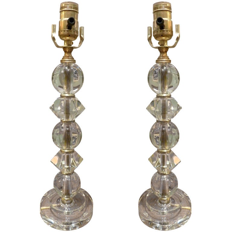 Pair of Crystal Lucite and Brass Table Lamps at 1stdibs