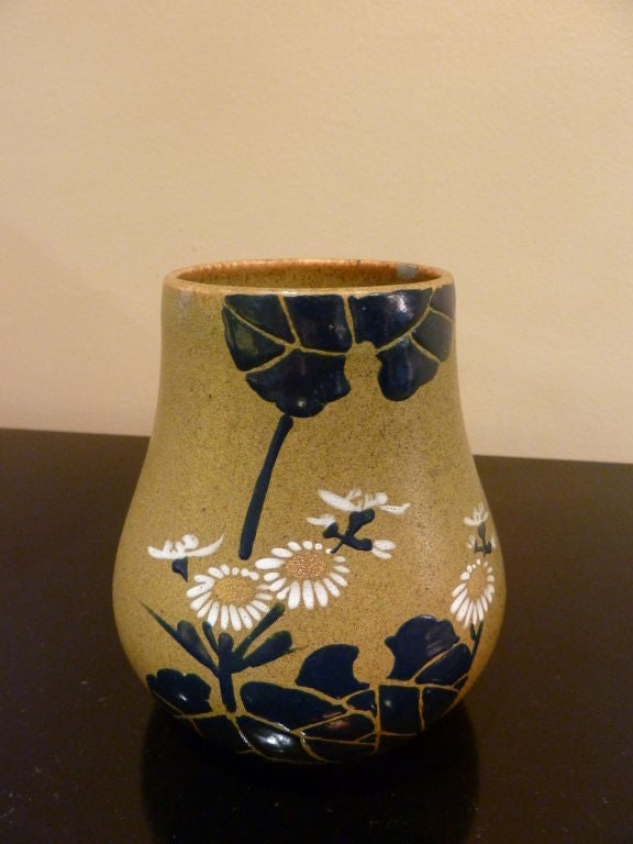 Short vase with wide mouth.  Japanese cermaic with impeccable enamel decorative detail of leaves & flowers.